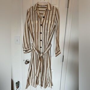 ZARA boho cream tan striped linen buttoned belted collared shirt midi dress XS